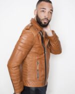 Mens Quilted Brown Leather Motorcycle Jacket USA