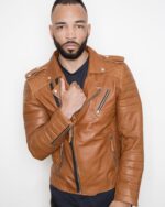 Mens Quilted Brown Leather Motorcycle Jacket