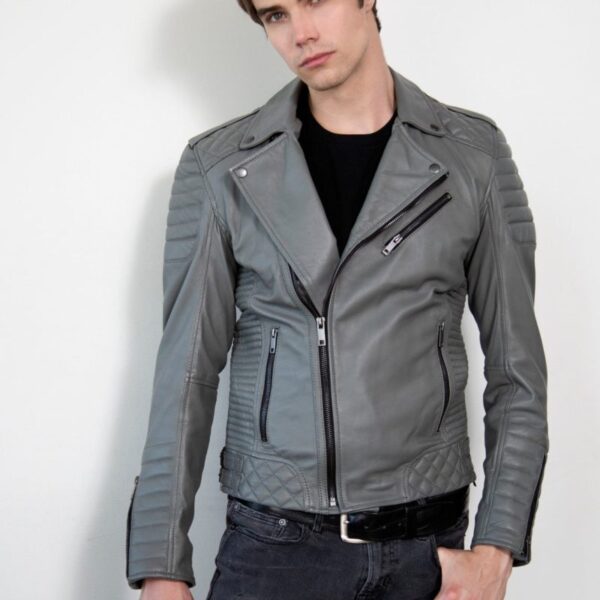 Mens Quilted Leather Motorcycle Jacket Gray