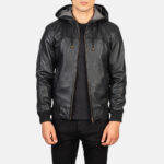 Nintenzo Black Hooded Leather Bomber Jacket US