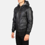 Nintenzo Black Hooded Leather Bomber Jacket USA