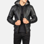 Nintenzo Black Hooded Leather Bomber Jacket USA