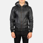 Nintenzo Black Hooded Leather Bomber Jacket United States