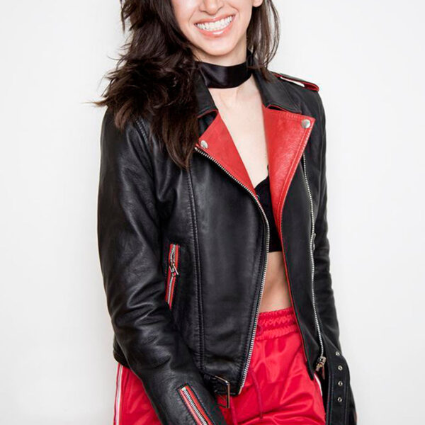 Womens Fashion Leather Jacket Black Red Contrast