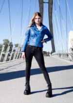 Womens Quilted Leather Motorcycle Jacket Blue