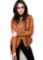 Womens Quilted Leather Motorcycle Jacket Brown