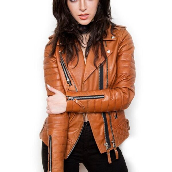 Womens Quilted Leather Motorcycle Jacket Brown
