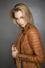 Womens Quilted Leather Motorcycle Jacket Brown USA