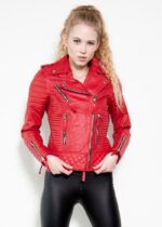 Womens Quilted Leather Motorcycle Jacket Red USA