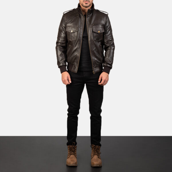 Dark Brown Leather Bomber Jacket