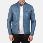 Ionic Blue Leather Biker Jacket US