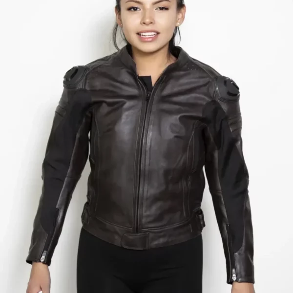 Womens Brown Motorcycle Leather Jacket with Armor