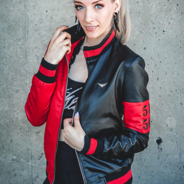 Womens Harley Quinn Bomber Leather Jacket Black And Red