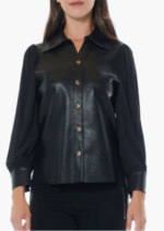 Leather Chiffon Sleeve Button Up Blouse