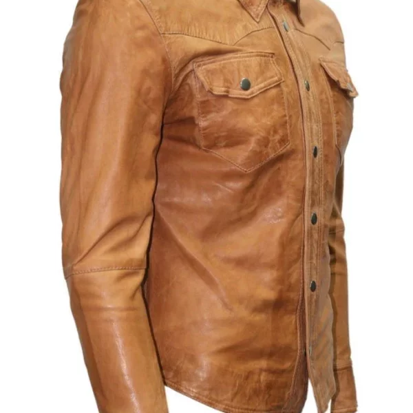 Mens Brown Genuine Lambskin Leather Shirt Jacket