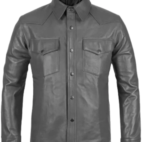 Mens Gray Genuine Lambskin Leather Shirt Jacket