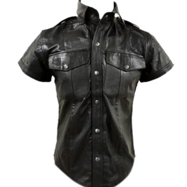 Mens Short Sleeves Leather Shirt Jacket