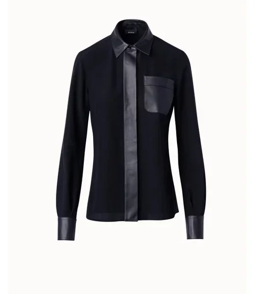 Silk Crepe Shirt Blouse With Leather Trims