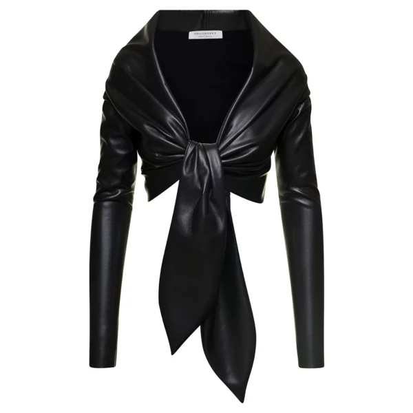 Womens Black Eco Leather Blouse US