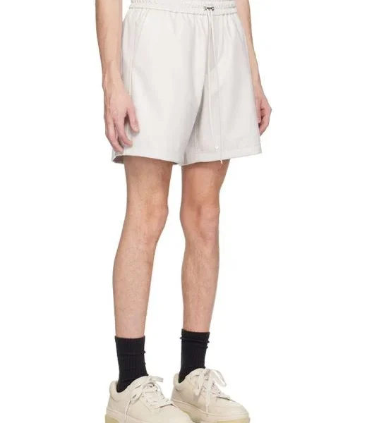 White Gray Drawstring Leather Shorts US